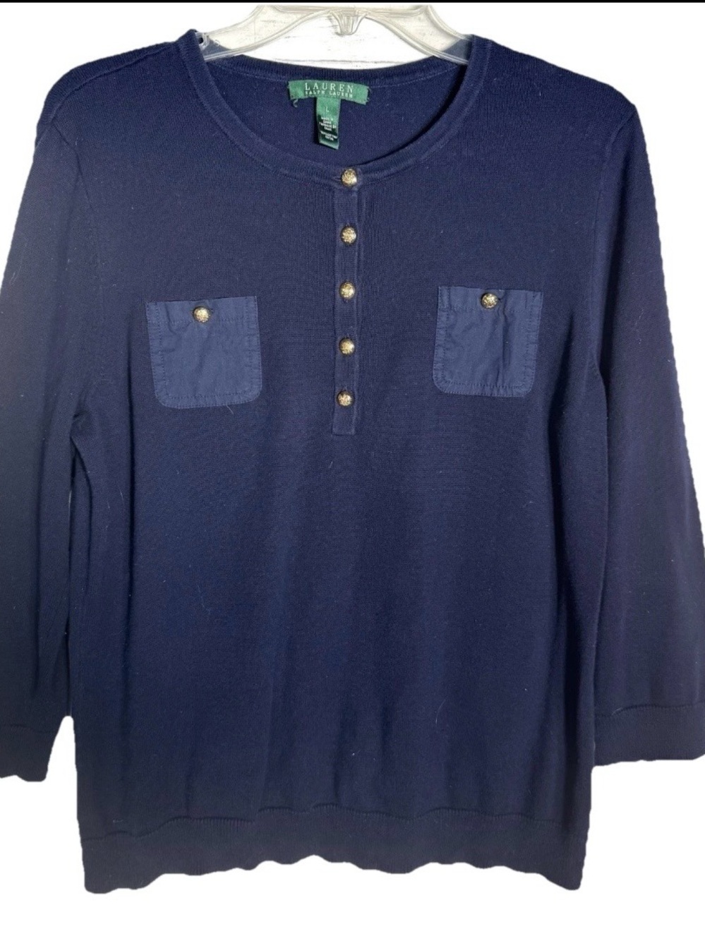 Lauren Ralph Lauren Navy Blue 100% Cotton Henley Sweater Women’s L Gold Buttons